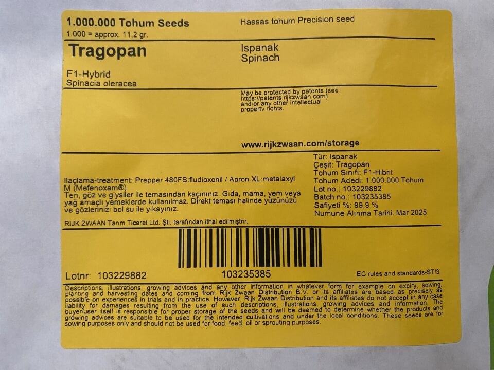 ithal ıspanak tohumu TRAGOPAN RZ F1 (51-185) 1.000.000 adet/paket